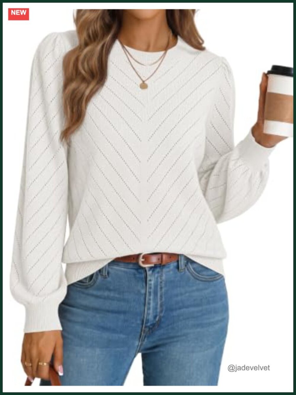 Women's Lightweight Knit Pullover Sweater Balloon Sleeve Eyelet Crew Neck